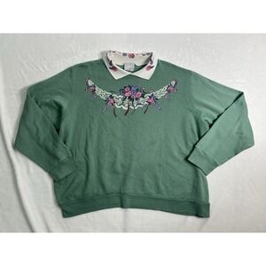 VTG Blair Green Floral Collared Pullover Sweater Women's 2XL Embroidered Knit